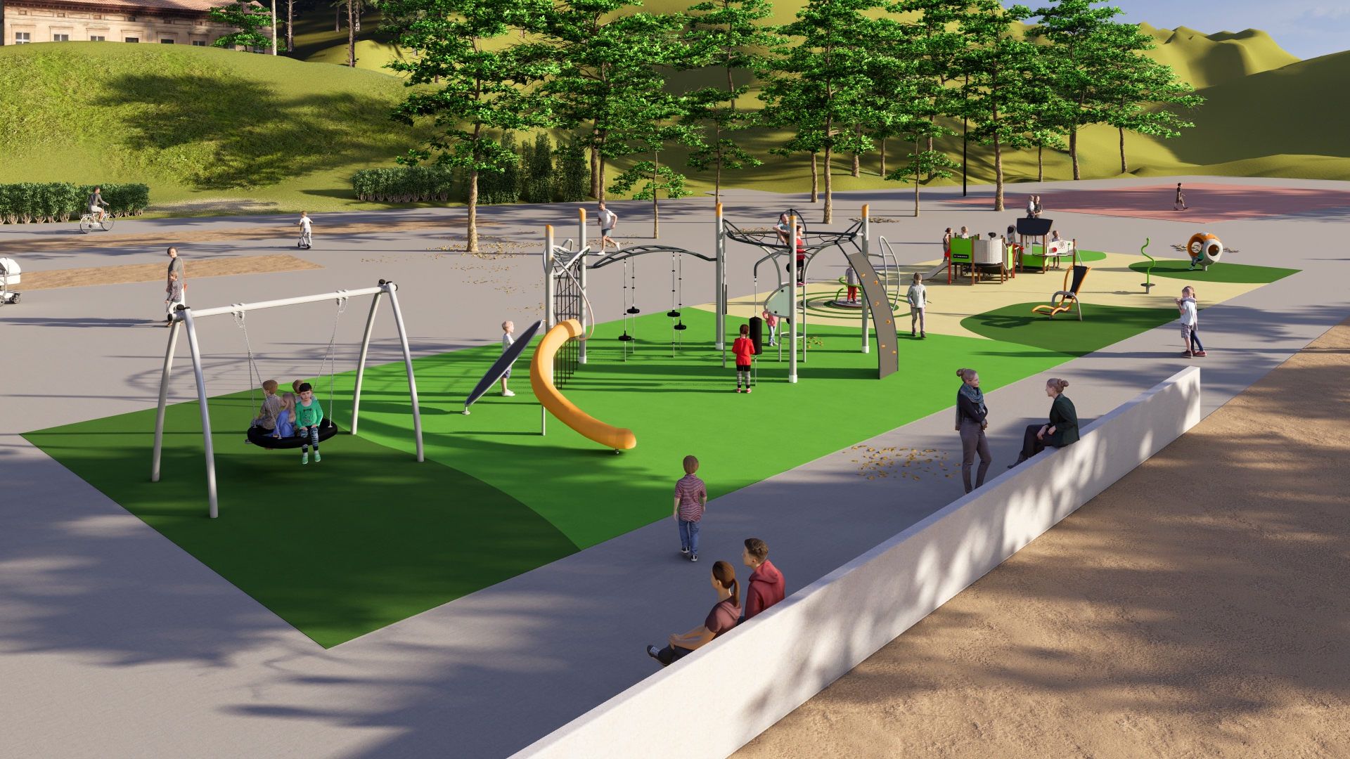 Render image of a custom playground design, with lots of climbing structures, swings and seesaw.